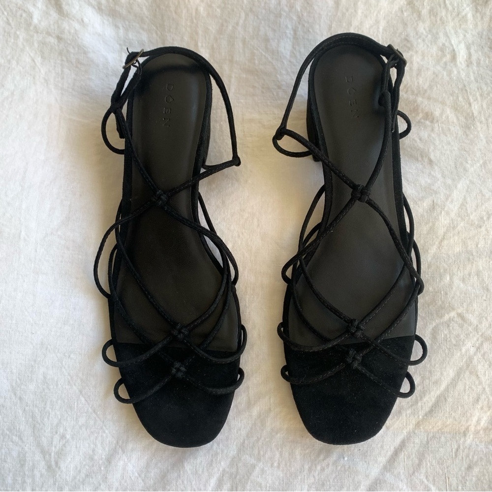 Doen Reve Strappy Knot Suede Block Kitten Low Heel Sandals Black - Picture 6 of 13